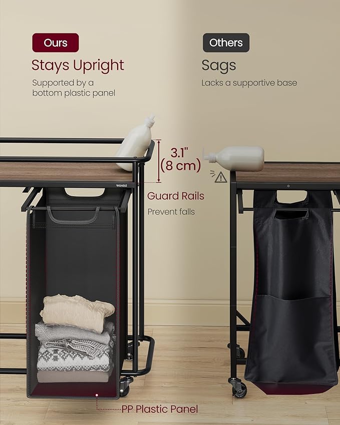 VASAGLE Laundry Sorter, Laundry Hamper with Wheels, 26.4 Gal. (100 L) Portable Rolling Cart Baskets with Shelf, 2 Removable Liners and 6 Labels, Ink Black and Chestnut Brown UBLH102BH01