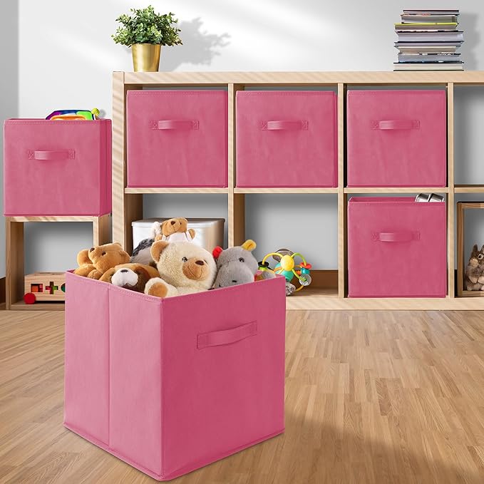 Casafield Set of 6 Collapsible Fabric Cube Storage Bins, Hot Pink - 13" Foldable Cloth Baskets for Shelves, Cubby Organizers & More