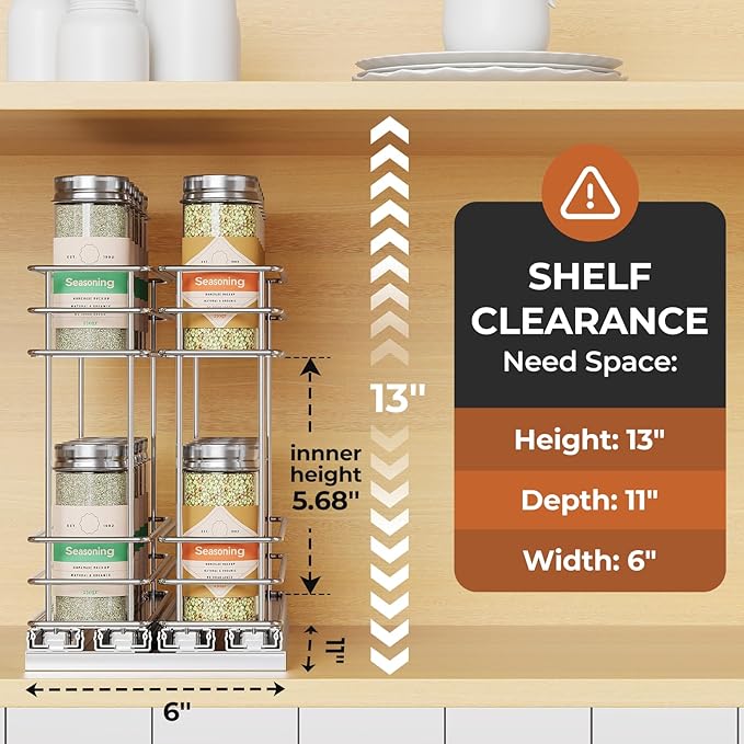 Pull Out Spice Rack Organizer for Cabinet, Slide Out Spice Racks, Easy to Install Spice Cabinet Organizers, 5.28" Wx10.43 Dx8.26 H, 2 Drawers 2 Tiers(Silver)