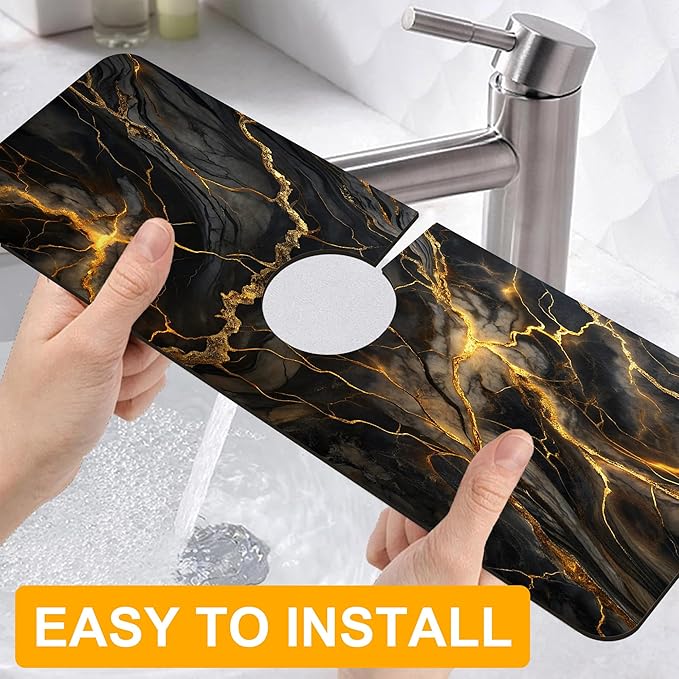 2 Pack Marble Texture Sink Splash Guard Faucet Mat Liquid Gold Marble Texture Super Absorbent Fast Drying Mat Sink Gadgets-Splash Guard Behind Faucet Drip Catcher for Kitchen Bathroom, 15.5"x5.5"