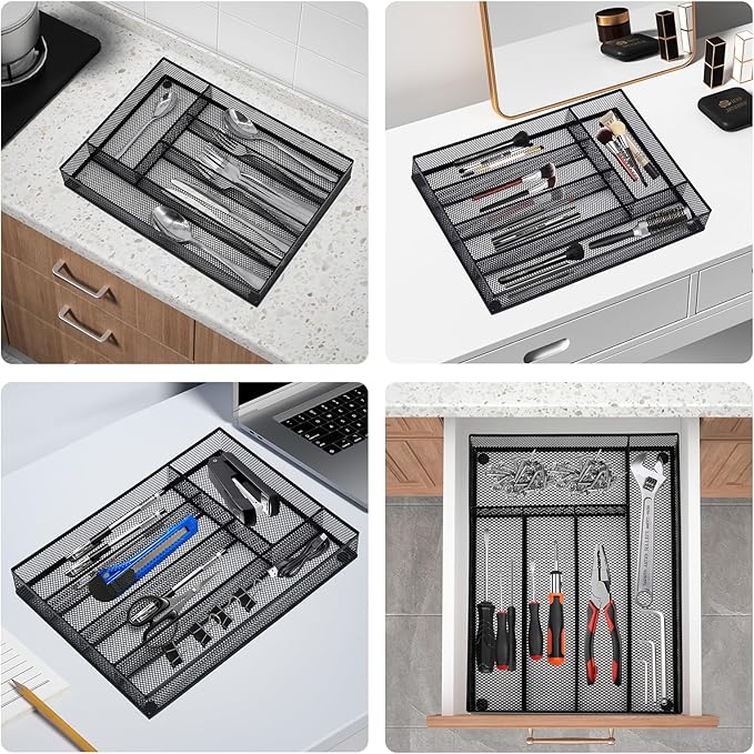 Neudeco Silverware Drawer Organizer Holder, Cutlery Tray Silverware Flatware Storage Divider for Kitchen, Bedroom, Living Room,Mesh Wire with Non-slip foam Feet, 5 Compoment（Black）