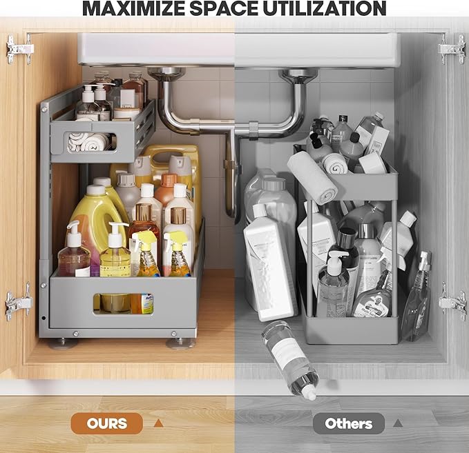 2 Pack 19IN-Depth Under Sink Organizer,Pull Out Cabinet Organizer With Smooth Cylindrical Rail,Metal Slide Out Drawer for Kitchen Bathroom Laundry,8-Level Tool Free Height Adjustable-Gun Gray