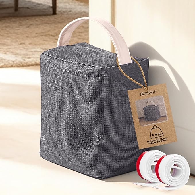 Decorative Weighted Door Stopper 5.5 lb – Heavy Non-Slip Door Weight with Handle, Soft Fabric Door Stop for Kids, Pets, Includes 2 Door Draft Stoppers for Indoor Home & Office, Charcoal Grey