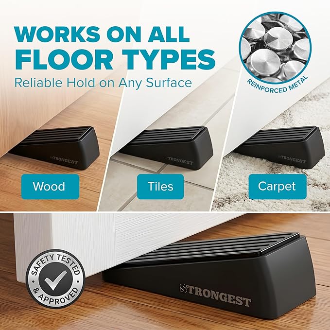 Strongest Home Heavy Duty Door Stopper Wedge (2 Black PCs) | Non-Slip Rubber and Metal Door Stop for Heavy Doors| Work on Wood, Tile, Carpet + 2 White Wall Protectors