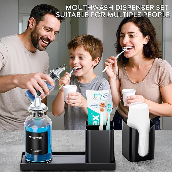 Moforoco Glass Mouthwash Dispenser with Toothbrush Holders, 11.8Oz Mouth Wash Bottle Container with Cup Holder, Funnel, Labels, and Drying Stone Tray, Bathroom Decor Accessories Set, Black