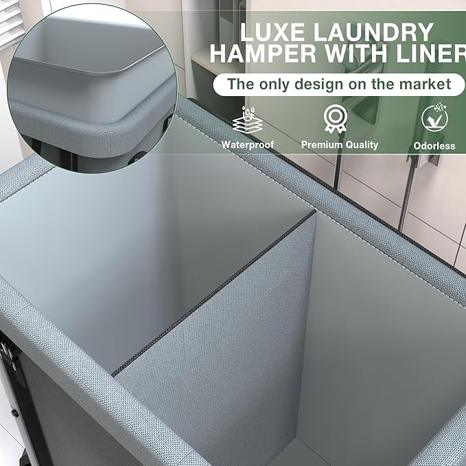 50 Gal(190L) High Grade Large Laundry Basket with Wheels, Rolling Laundry Hamper, Laundry Cart with Metal Frame and Removable Bag Design, Suitable for Laundry Room, Bedroom (Grey, 2 Section 190L)