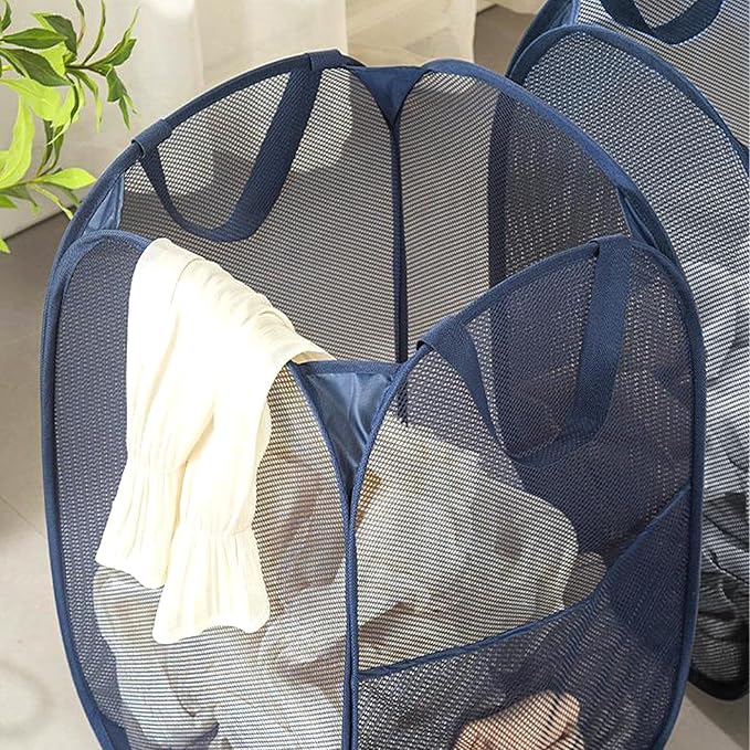 2 Pack Pop Up Laundry Hampers, Collapsible Mesh Laundry Basket, Foldable Clothes Hampers for Bathroom, College Dorm, Travel (Navy Blue)