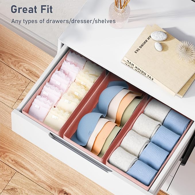 DIMJ Drawer Organizer for Clothes - Underwear, Sock, Closet, and Dresser Storage Box - Dividers for Baby Clothes, Bra, Socks, Belt, Tie - Set of 9, Pink