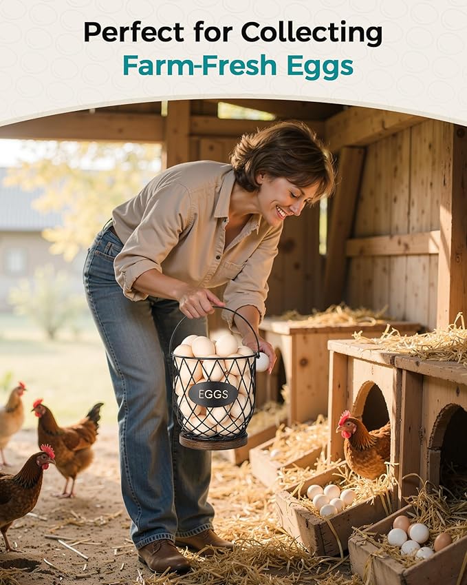 Chicken Egg Basket for Gathering Fresh Eggs with Metal Handle, Wire Egg Collecting Basket with Wooden Base, Round Egg Holder Countertop, Vintage Rustic Farmhouse Kitchen Decor Fruit Storage