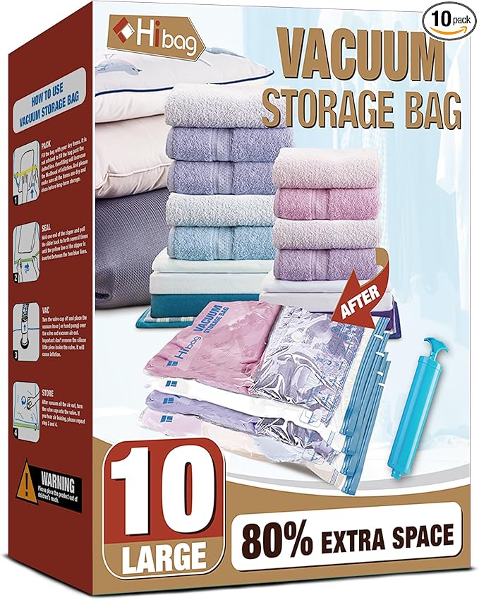 Vacuum Storage Bags, 10 Large Space Saver Vacuum Seal Bags, Space Bags for Clothes, Blankets, Bedding (10L)