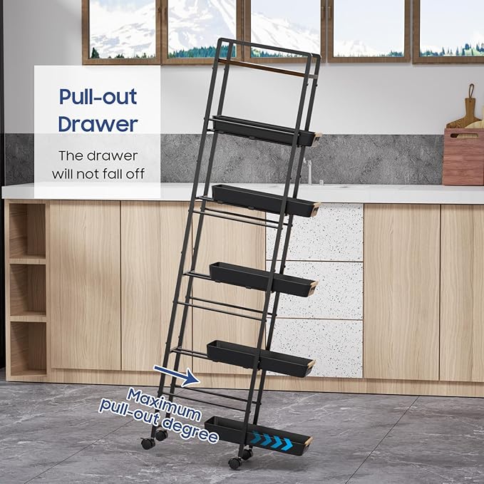 6 Tier Slim Storage Cart with Pull-Out Baskets Rolling Cart with Wheels Wood Top Narrow Utility Cart Metal Shelving Units for Pantry Laundry Room Bathroom Kitchen Black 8in(W)