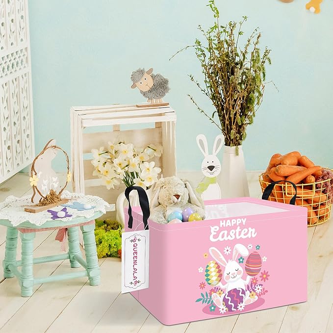 QUEENLALA Rectangular Laundry Hamper/Foldable Nursery Laundry Basket for Organizing/Storage Bin Baskets/Children Toy Office Bedroom/Toy Bin Closet Shelf Baskets (Rec-Pink Easter Rabbit Eggs)