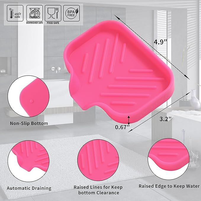 MicoYang Silicone Bathroom Soap Dishes with Drain Spout-Bathroom and Kitchen Sink Organizer,Sponge Holder,Dish Soap Tray,Perfect for Dispenser,Scrubber,Bottle,Cup on Sink or Counter-Rose 4.9"×3.2"