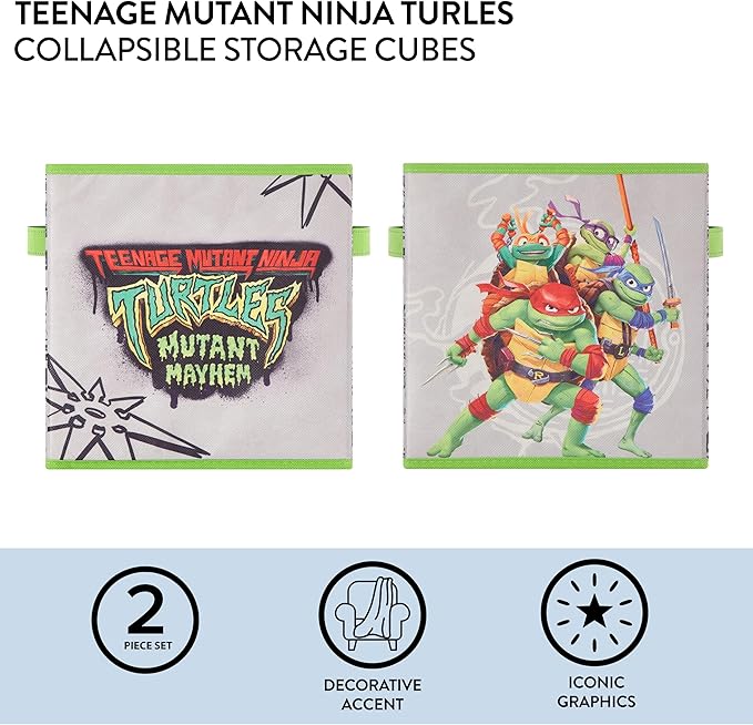 Teenage Mutant Ninja Turtles: Mutant Mayhem Storage Cubes – Set of 2 Collapsible Fabric Bins, 10x10 Inch - Kids Toy Organizer Baskets for Bedroom, Playroom, Closet – TMNT Room Decor