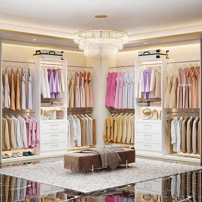 Closet System with 3 Drawers, 4–8.5 Ft Closet Organizer System with 5 Adjustable Hanging Rods & Shelves, Wood Walk-In Closet System, Built-In Modular Closet Kit, Sturdy Garment Rack, White