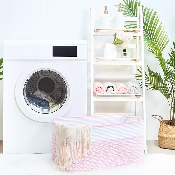MINTWOOD Design 22in Extra Large Blanket Basket Holder Living Room, Rectangle Rope Woven Storage Basket with Handles for Laundry, Pool Towels, and Shoes, Dog Toy Organizer Bin Box, Light Pink