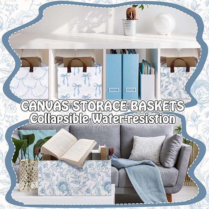 Boao 3 Pcs Blue Bow Storage Bin Collapsible Large Storage Baskets for Gifts Empty Candy Holiday Decor Canvas Laundry Basket Foldable Box with Handle for Office Home Bedroom Clothes