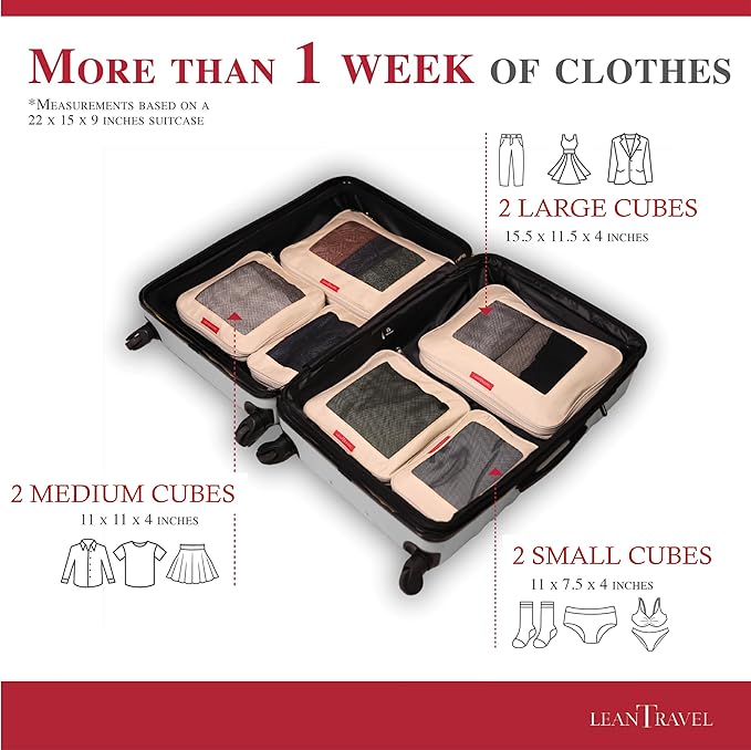 LeanTravel Compression Packing Cubes for Travel Organizers with Double Zipper (6-Pack (2L+2M+2S), Sand)