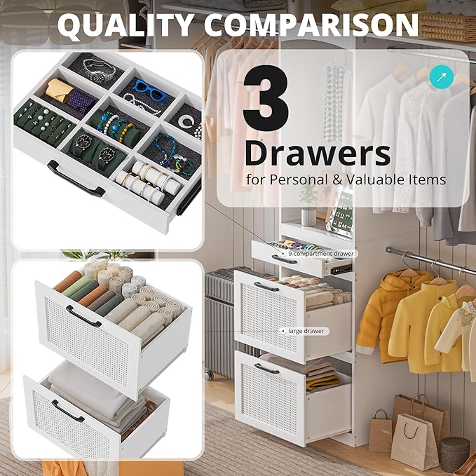 Walk in Closet Organizer System - with Drawers, 8FT Walk in Closets Organizer with Jewelry Box, 96” Wooden Storage Systems with 3 Hanging Pods, Built-in Garment Rack for Bedroom