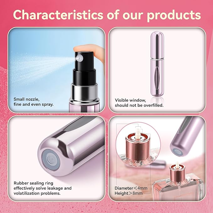 Refillable Perfume Portable Atomizer Bottle Refillable Perfume Spray, Travel Perfume (5ml, 4 Pack) (Silver, Purple, Blue, Gold, Pink, Black)