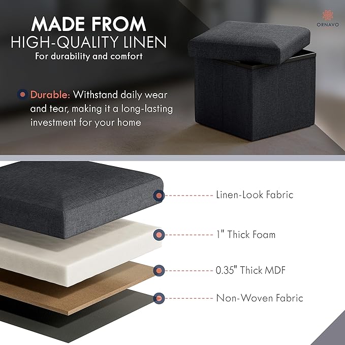 Ornavo Home Small Storage Ottoman Foldable Collapsible Cube Square Linen Ottoman Foot Rest Stool Seat, for Living Room, Bedroom, Home Office, Dorm - 12 x 12 x 12, Black