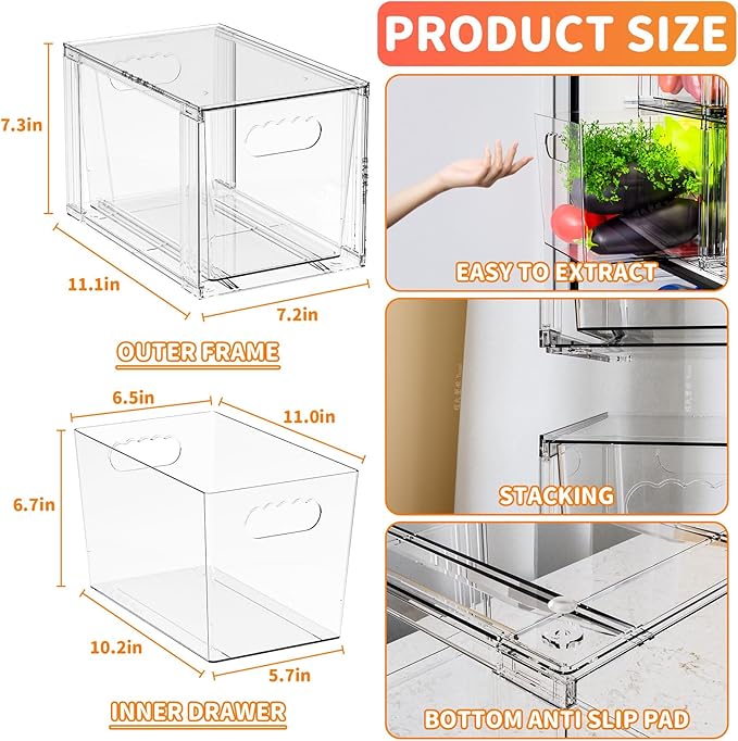 SUOXING 4 Pack Clear Stackable Storage Drawers,7.3″ High Large Baby Bottle Organizer,Bathroom Closet Organizers and Storage,Acrylic Storage Containers and Home Edit Organizer Bins for Cabinets,Pantry