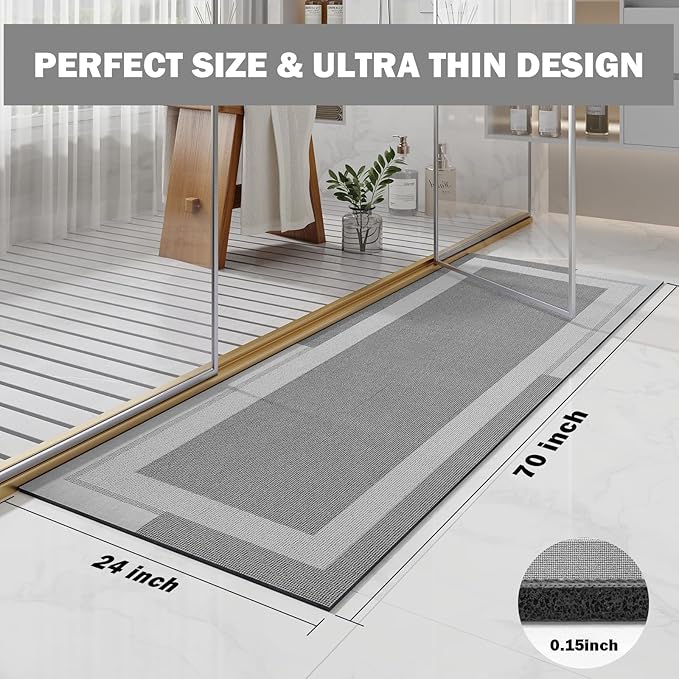 YDKGL Extra Long Non Slip Bathroom Runner Bath Mat, Rubber Backing Ultra Thin Bath Rug Fit Under Door Quick Dry Super Absorbent Washable Shower Mat for Bathroom Floor Bathtub Sink, Grey 24"x70"