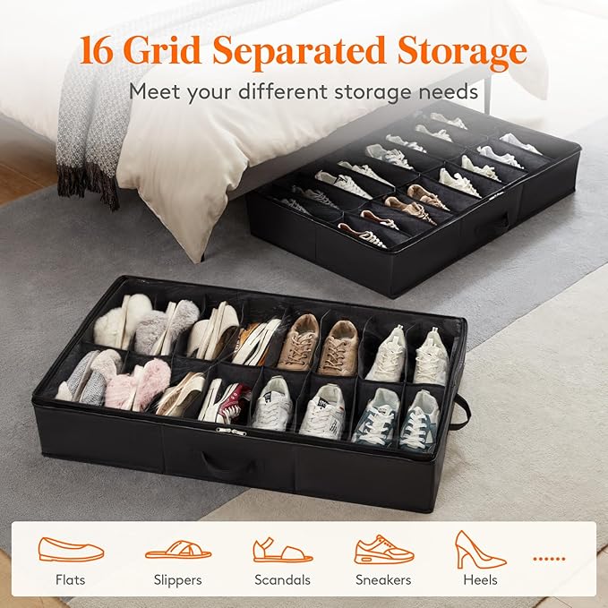 Lifewit Under Bed Shoe Storage Organizer 1 Pack(16 Pairs), 4.3" Tall Fabric Shoes Container Box, Foldable Closet Shoe Bag with 2 Reinforced Handles and Clear Cover, Black