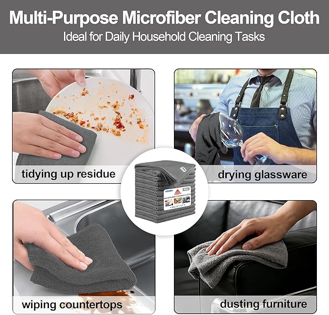 HOMERHYME Microfiber Cleaning Cloth, 12 Pack Grey Cleaning Rags,12" X 11" Lint Free Dish Towels Wash Cloths, Reusable Microfiber Towels for Home and Kitchen Bathroom Apartment Cleaning Supplies