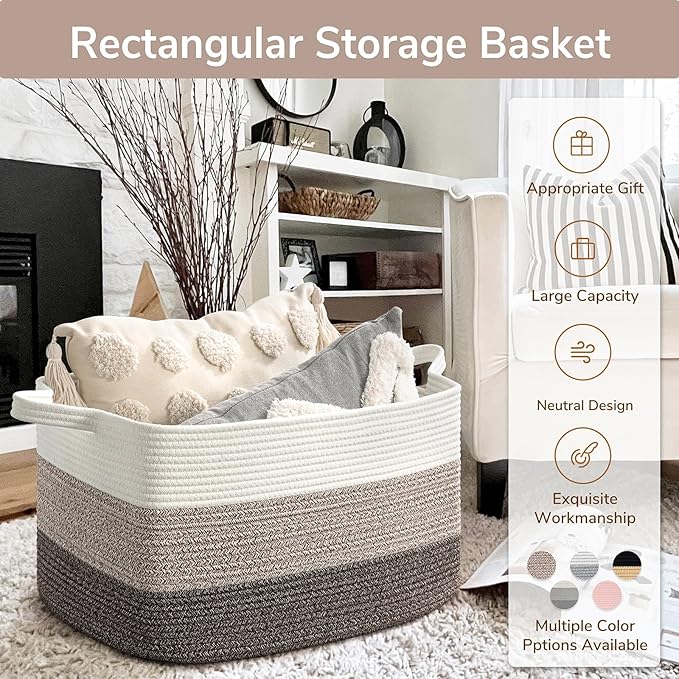 Goodpick Large Woven Storage Basket, 21.6"x14.9"x11.8", Blanket Storage for Bedroom and Living Room, Rectangle Rope Baskets for Storage, White Brown