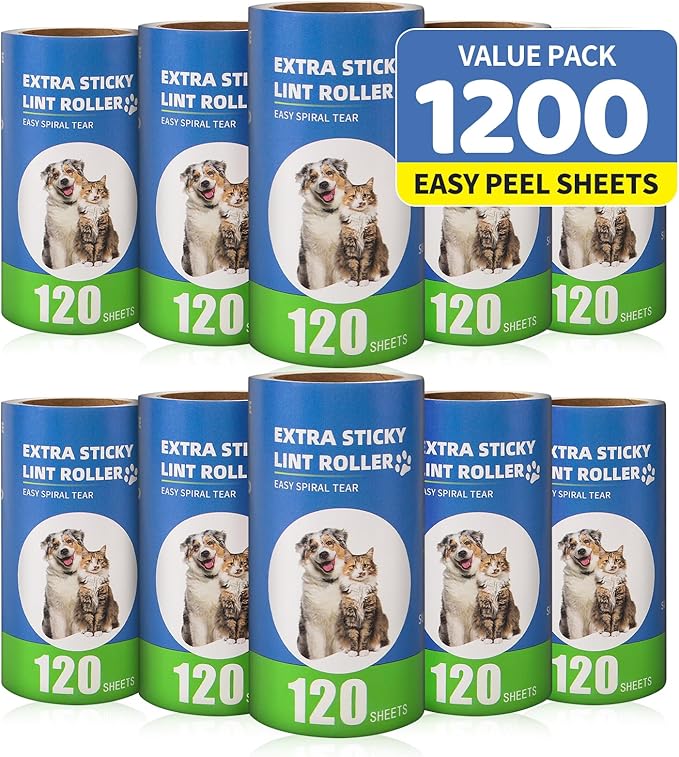 Bartuke Extra Sticky Lint Roller Refills 10 Pack (1200 Sheets) fit 3.8"-4" Standard Size Lint Roller Sticker with Inner Diameter at 1.5" for Pet Hair, Clothes, Furniture, Cars, No Handle Included
