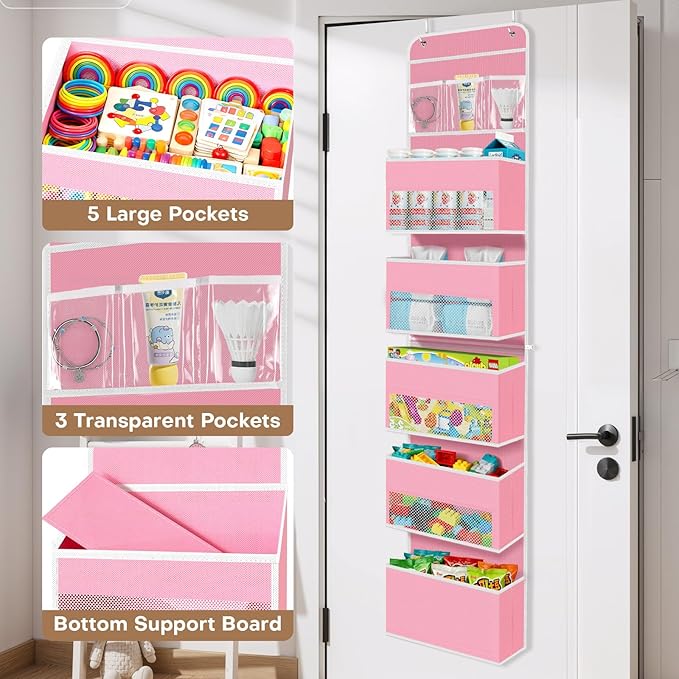 SpaceWhisper Over the Door Organizer, 6 Large Pocket Hanging Storage Organizer with 40lb Capacity, Space Saving for Nursery, Bathroom, Bedroom, Closet - Baby Essentials & Toiletry Organizer (Pink)