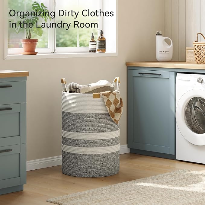 95L Striped Laundry Hamper with Leather Handles,Large Foldable Laundry Basket for Clothes,Cotton Rope Storage Bin for Blankets,Woven Clothes Basket for Bedroom,Gray Stripes