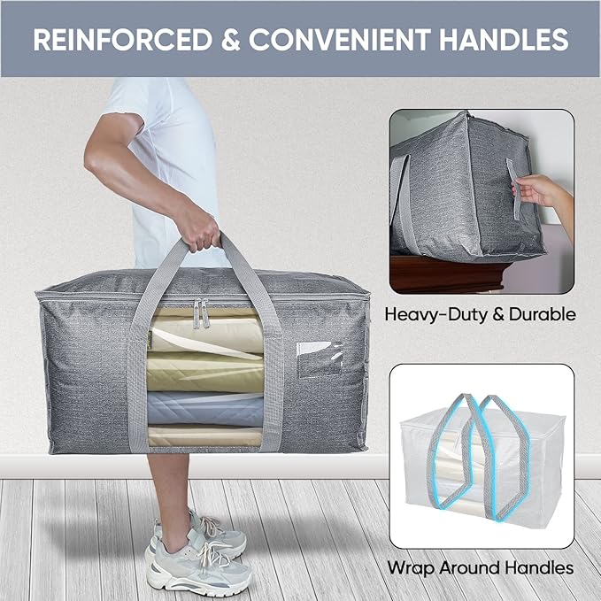 BALEINE 8-Pack Oversized Moving Bags with Reinforced Handles, Heavy-Duty Storage Tote Moving Supplies for Packaging, Camping (Gray w/Window, 8-Pack)
