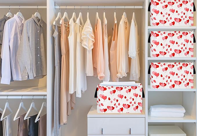 Empty Gift Basket for Girls Heart Print Storage Cube for Women, Closet Shelf Waterproof Organizer Bins with Handles Waterproof Nursery hamper Kids Toys Books Box Room Deco