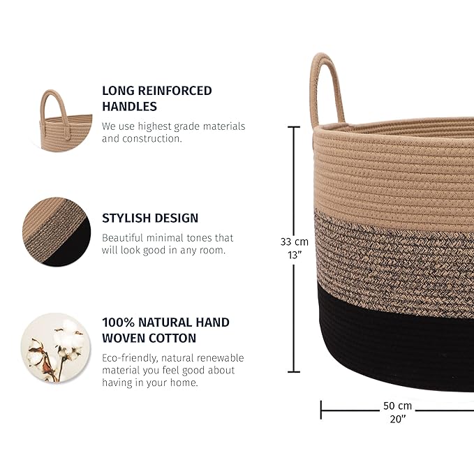 OrganiHaus Large Woven Storage Basket for Blankets and Toys 20" x 13" Inch, Rope Laundry Basket with Handles, Cushions & Pillows Storage Bin, Nursery Hamper, Soft Round Dog Toy Bin - Brown/Black