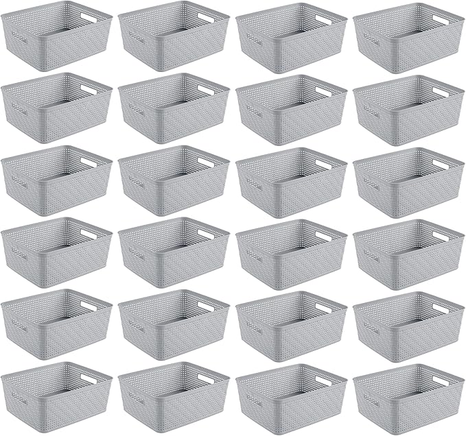 Sterilite 24 Pack Plastic Storage Bin Organization Containers, Short Baskets, Cement