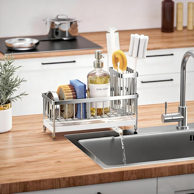 Cisily Sponge Holder for Kitchen Sink, Sink Caddy Organizer with High Brush Holder, Kitchen Countertop Organizers and Storage Essentials, Rustproof 304 Stainless Steel (Silver, 9.25″)