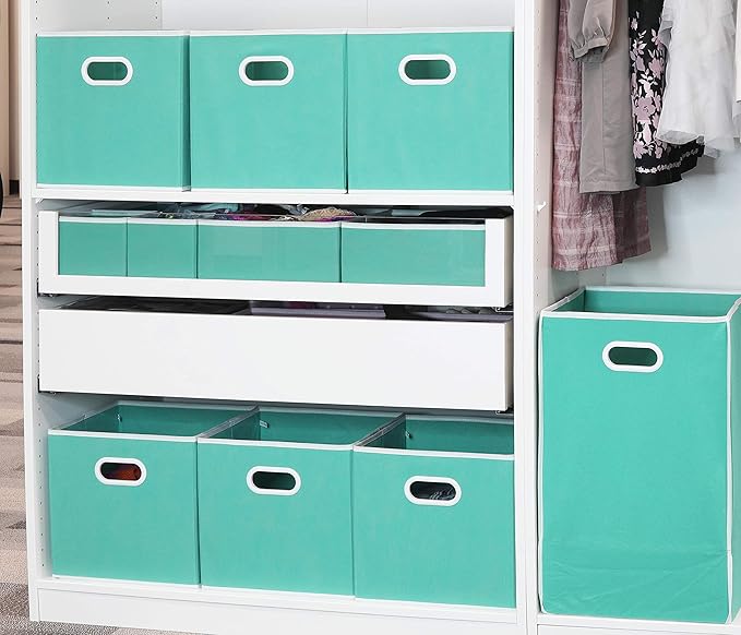 Simple Houseware Foldable Cube Storage Bins with Handles, 11-Inch, Turquoise, 6-Pack, Fabric Cubes Organizer for Closet or Shelves