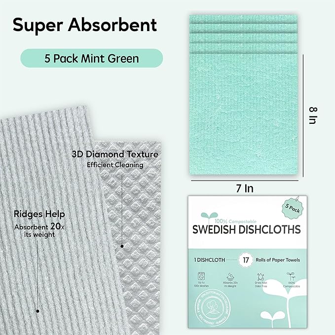 Swedish Dishcloths for Kitchen, 5 Pack Swedish Dish Cloths, Ultra Absorbent Reusable Paper Towels, Cellulose Sponge Cloths, Quick Drying, No Odor, Dishwasher Safe Mint Green
