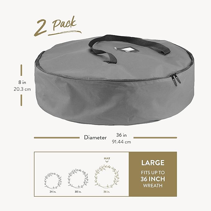 ZOBER 2 Pack Oxford Christmas Wreath Storage Container 36 Inch - Wreath Bag for Artificial Wreaths Box - Waterproof Fabric, Dual Zippered Wreaths Storage Bag With Strong Durable Handles - Gray