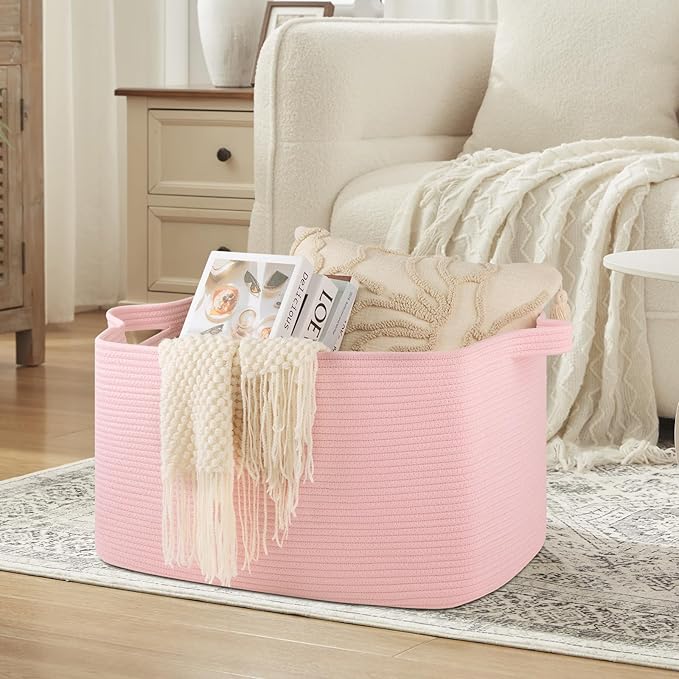 95L Extra Large Blanket Basket, 24" x 16.9" x 14.2" Woven Storage Basket for Living Room, Rectangle Nursery Blanket Storage for Toys, Towels, Dirty Clothes (Pink)