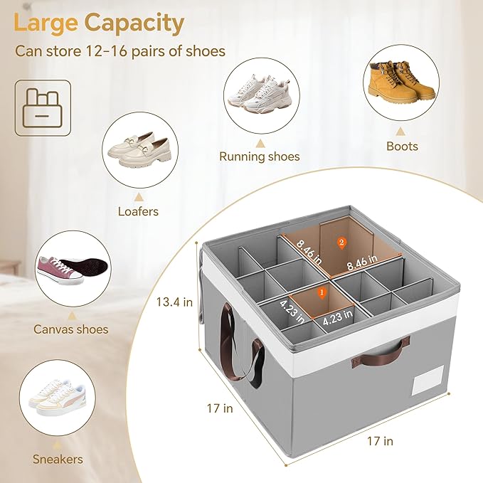 Criusia Shoe Organizer for Closet, 2 Pack Foldable Shoe Storage Organizer Box Bin with Adjustable Dividers and Clear Cover, Closet Shoe Storage for Sneakers Sandals Boots, Fit 16-32 Pairs, Gray