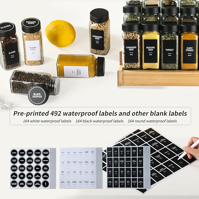 36 Glass Spice Jars with Labels,Spice Jar Set,4oz Seasoning Containers,Spice Containers with Black Airtight Lids and Shaker Lids,Square Empty Spice Bottles, 492 Labels,1 Funnel