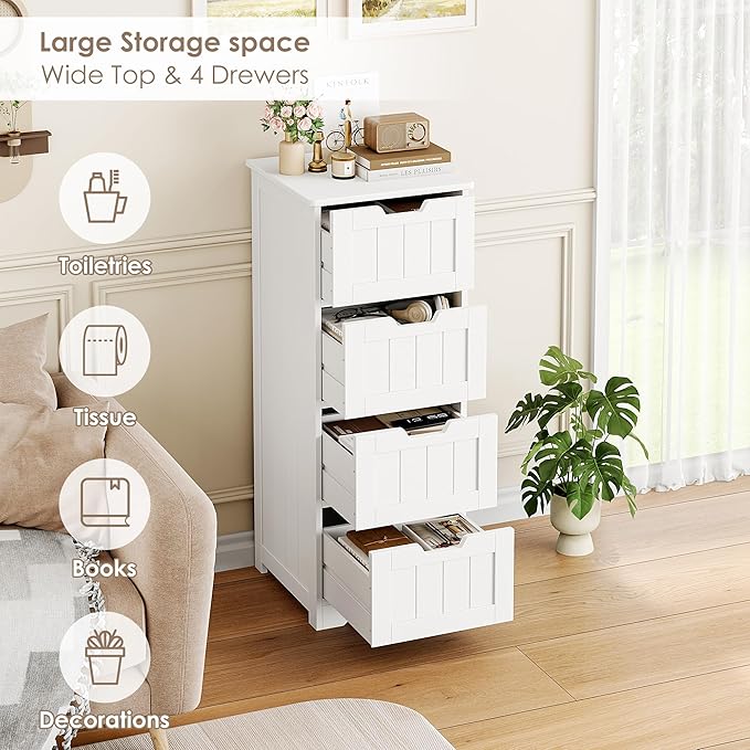 FOTOSOK Bathroom Storage Cabinet, Bathroom Cabinet with 4 Drawers, 11.8” x 11.8” x 32.5” Freestanding Entryway Cupboard Storage Organizer Unit Home Furniture Decor, White