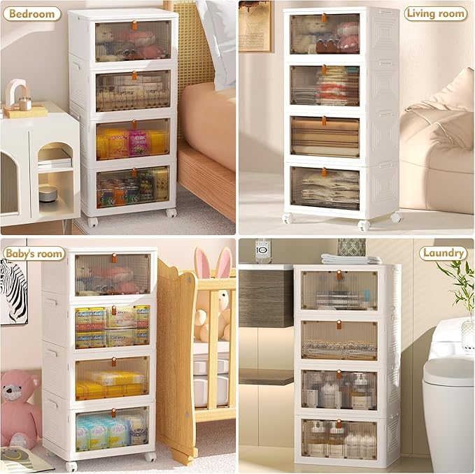 4 Tier Plastic Storage Bins with Lid 24QT, Stackable Storage Containers with Wheels, Folding Storage Boxes, Collapsible Storage Bins, Closet Organizers and Storage for Living Room,Office,Dorm