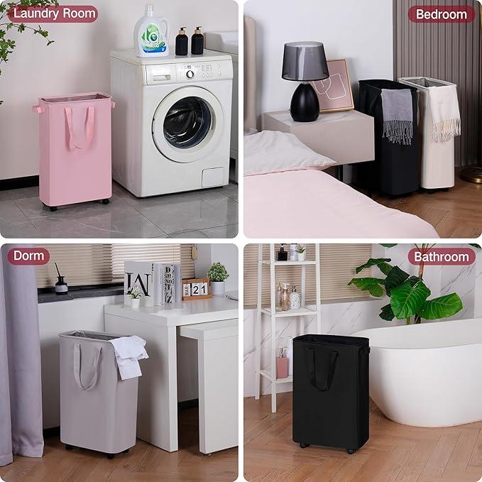 efluky Slim Laundry Hamper with Wheels, Rolling Laundry Basket for Clothes, Small Laundry Basket for Bedroom, Dorm and Laundry Room, 60L (12.7 Gallons) Black