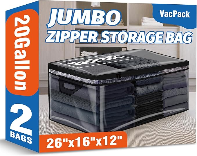 Jumbo Storage Bags Flexible Totes for Clothes, 20 Gallon Extra Large Zipper Bags for Storage (20 Gal-2 pack)