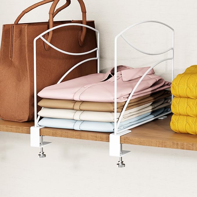 2-Piece Wire Shelf Dividers for Closet Organization, Upgraded C-Clips Adjustable Metal Shelf Dividers Suitable For Bedrooms & Kitchens, Storage Helper for Handbag Sweater Shirt Ankle Boots, White