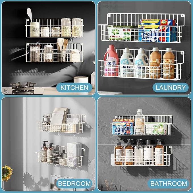 Spice Rack, 4-Pack Seasoning Organizer Wall Mounted for Kitchen Storage Organization, Metal Spice Holder Shelf for Cabinet, Pantry, White